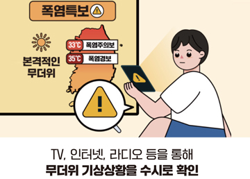 TV, 인터넷, 라디오 등을 통해 무덩위 기상상황을 수시로 확인